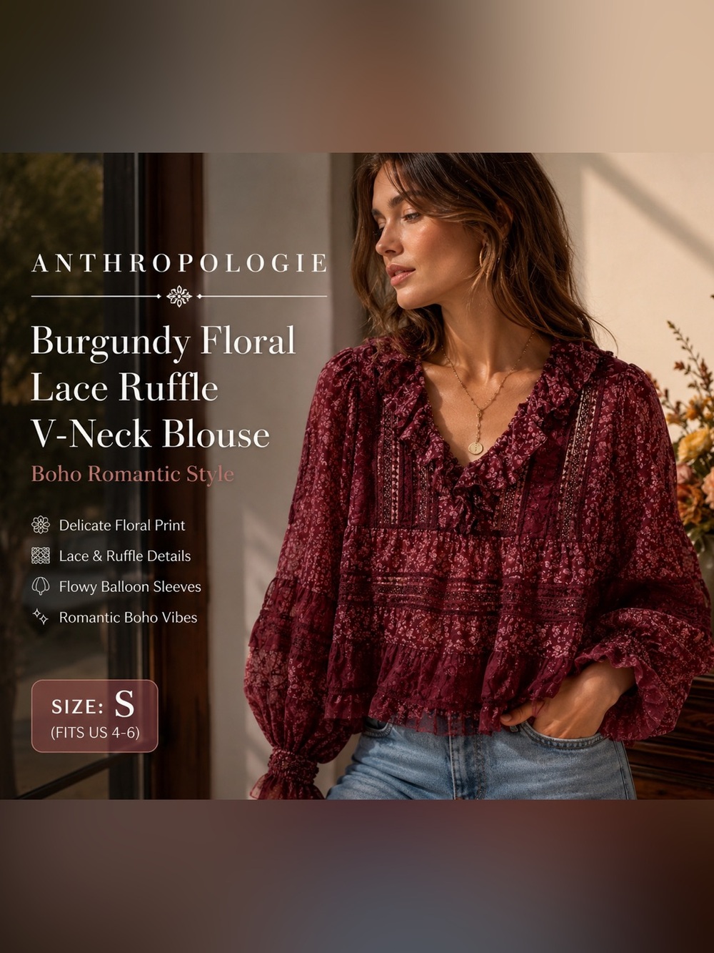 Anthropologie Burgundy Floral Lace Ruffle V-Neck Blouse – Boho Romantic Style
